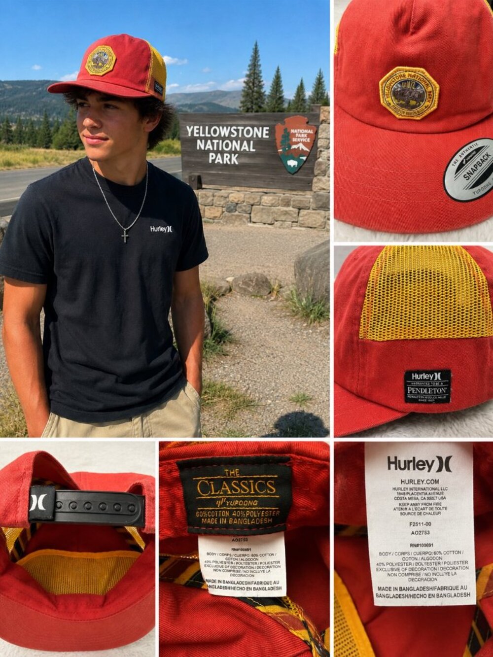 Hurley x Pendleton Yellowstone National Park Red Mesh Snapback Trucker Hat